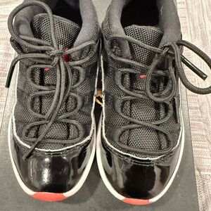 Jordan 11 Toddler Black Patent Toe Athletic Sneakers with Red Accents